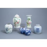 Six various Chinese famille rose, blue and white vases and jars, 19th/20th C.