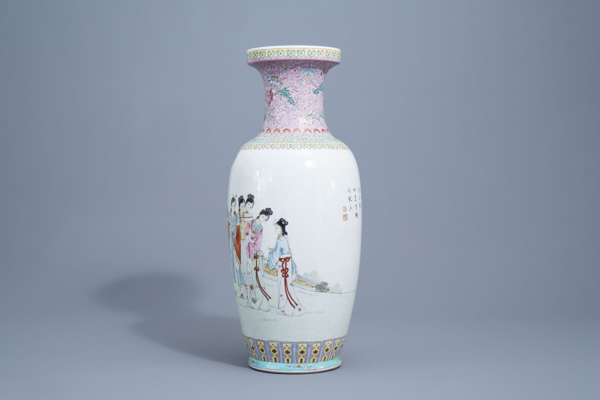 A varied collection of nine Chinese famille rose vases, 20th C. - Image 18 of 20