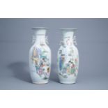 Two Chinese famille rose vases with figures on a terrace, 19th/20th C.