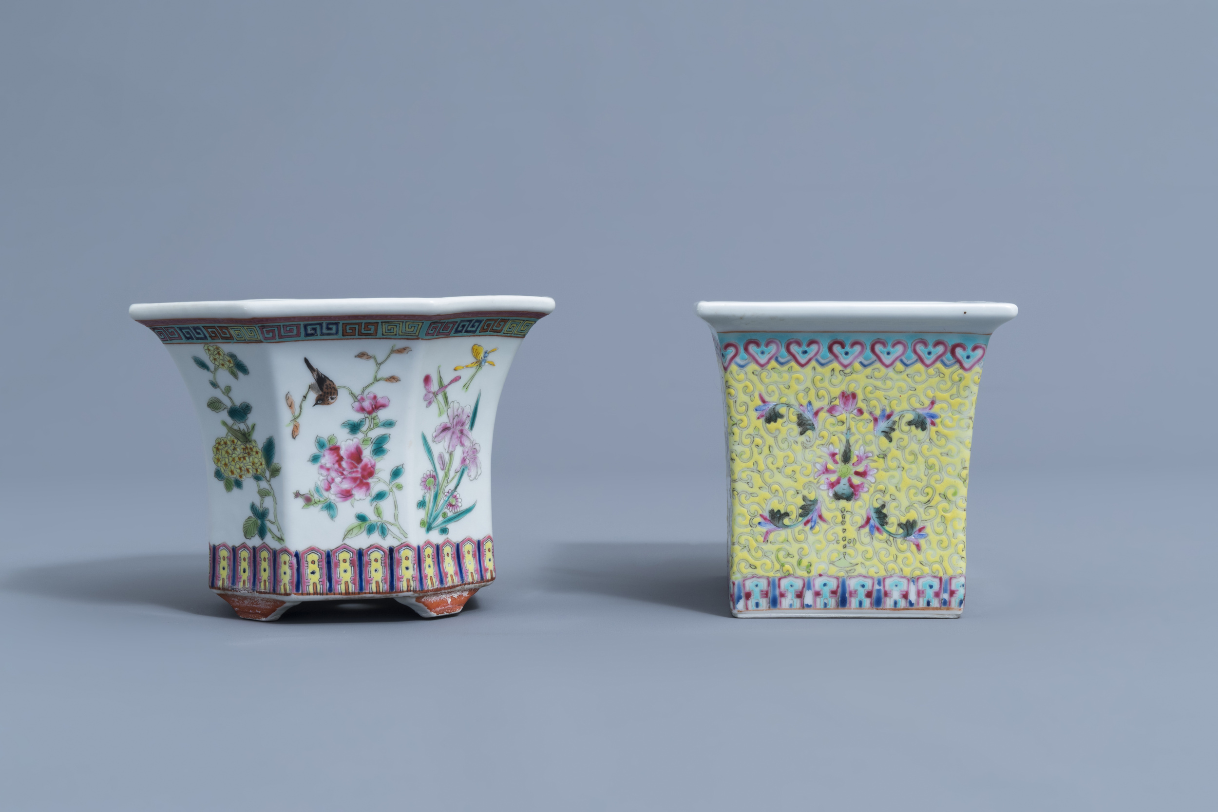 Two Chinese famille rose jardinires and a bowl with floral design, 20th C. - Image 3 of 15
