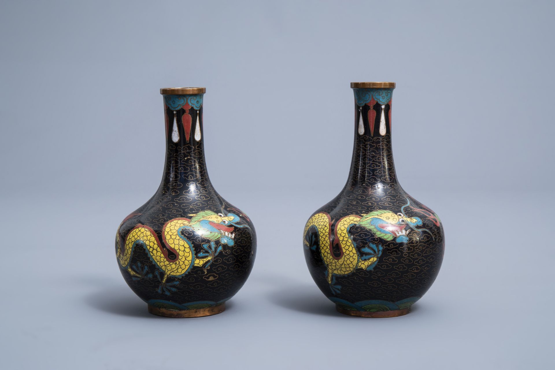 A Chinese cloisonne incense burner and two pairs of vases with dragon design, 20th C. - Image 15 of 19