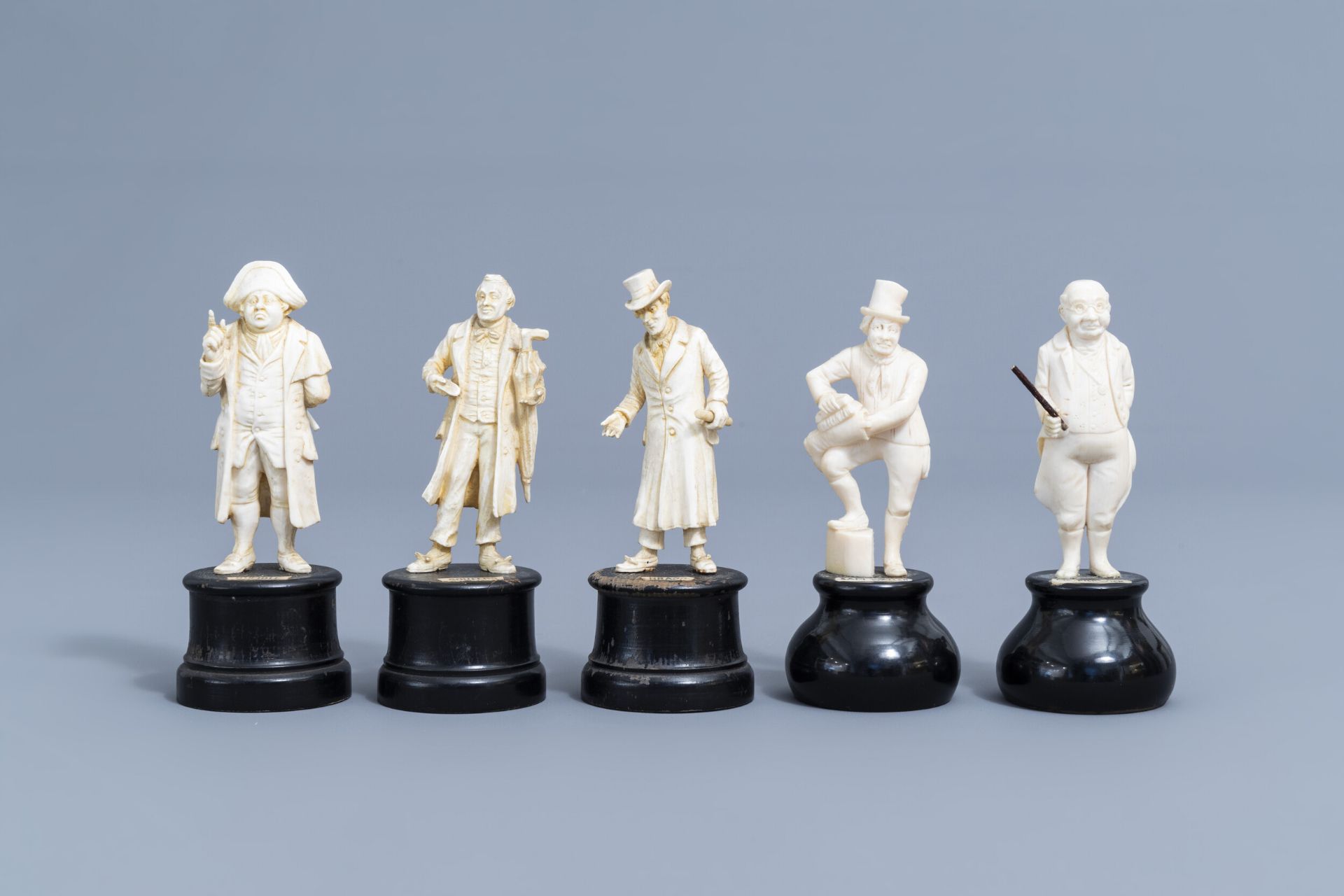 Five carved ivory figures of Charles Dickens 'Pickwick Papers' characters, prob., Dieppe, late 19th