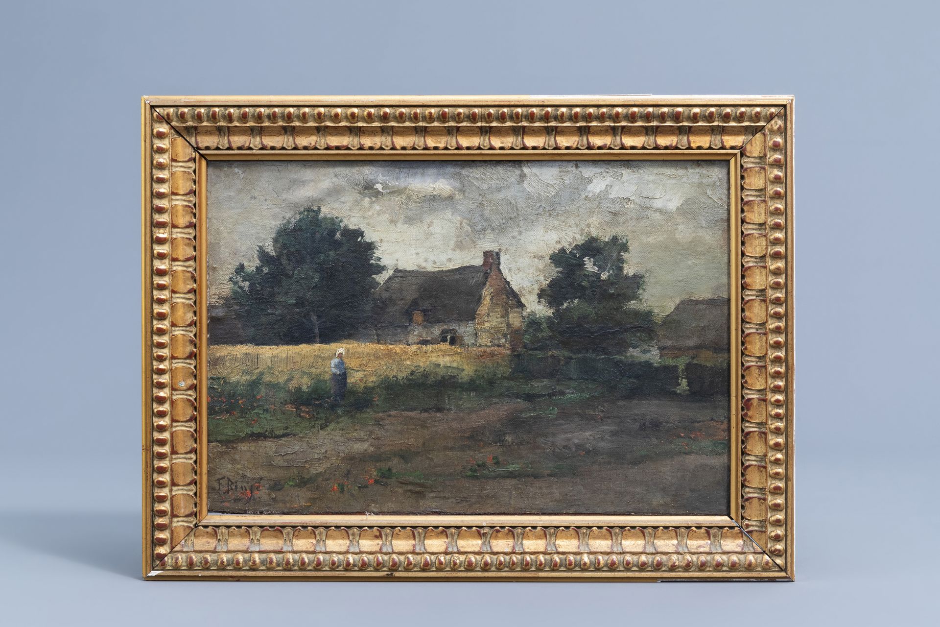 Frantz Binje (1835-1900): View on a farm, oil on canvas marouflated on panel - Image 2 of 5