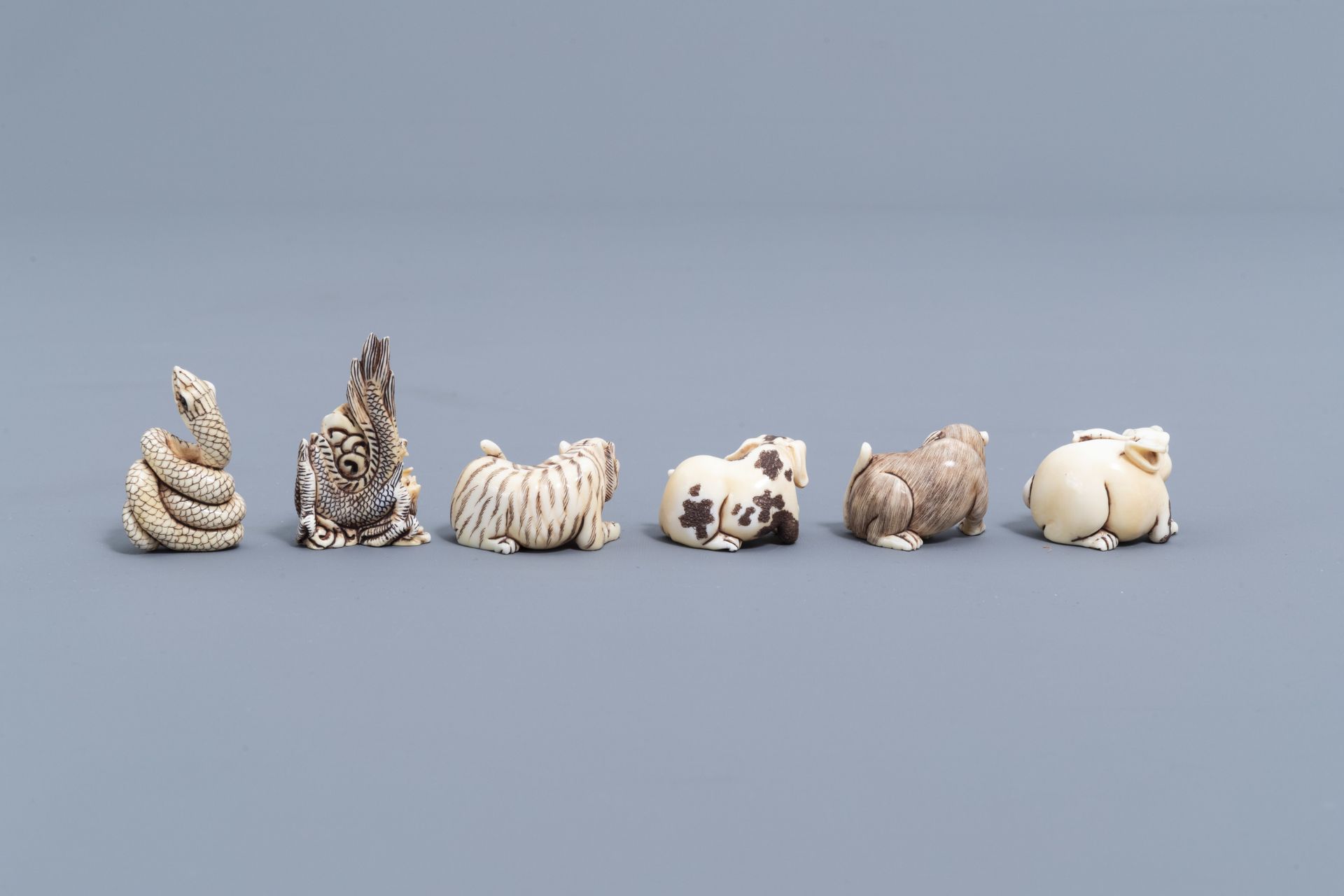 Twelve Japanese animal shaped netsuke in their display cabinet, first half of the 20th C. - Image 5 of 27