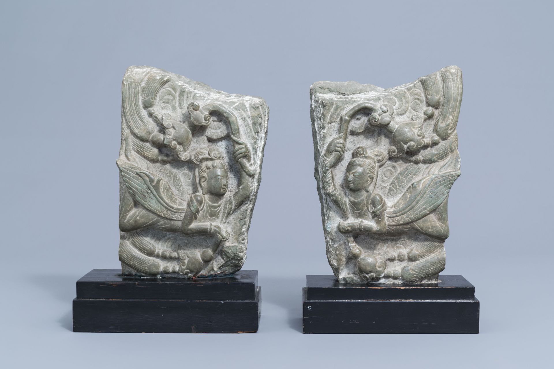 Two Chinese carved stone fragments with winged ladies, 20th C. - Image 2 of 7