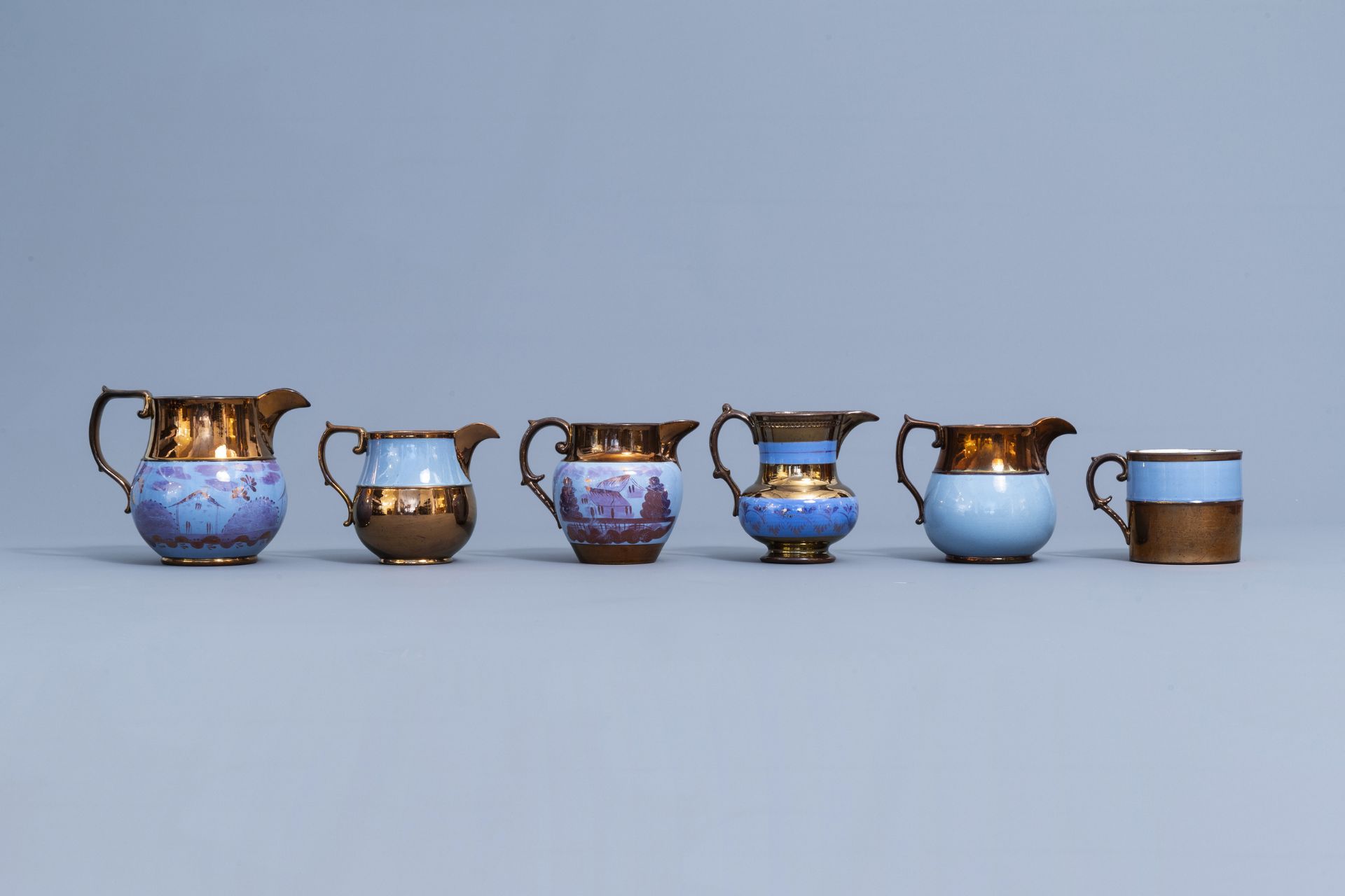 A varied collection of English lustreware items with blue design, 19th C. - Image 39 of 50