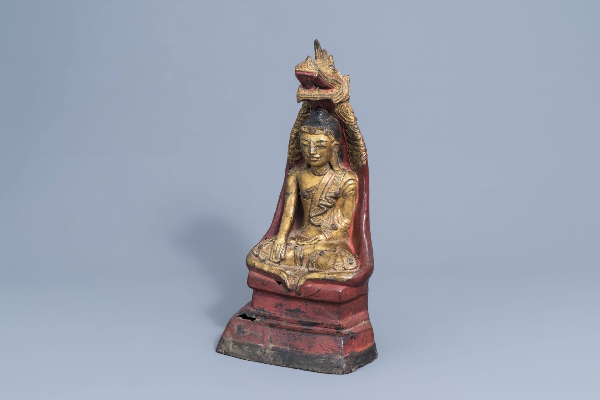 A large gilt, lacquered and polychrome Buddha with inlay, Burma or Laos, 19th/20th C. - Image 3 of 8