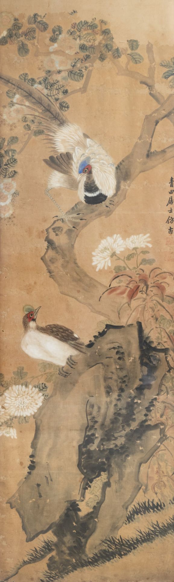 Chinese school, ink and colours on paper, 19th C. or earlier: Birds between blossoming branches