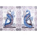 A pair of Dutch Delft blue, white and manganese tile murals with a peacock, 18th C.