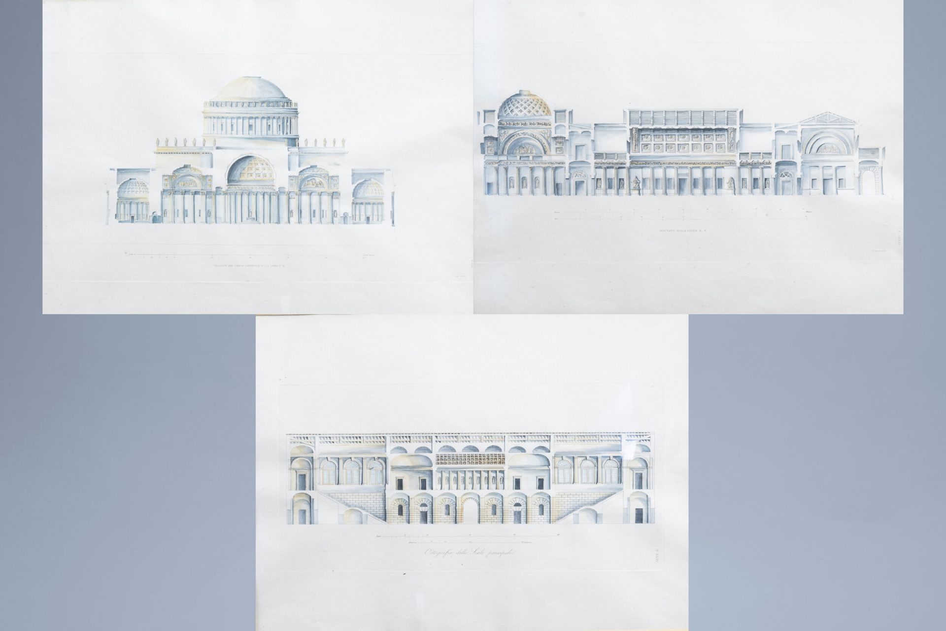 Italian school: An interesting series of three architectural hand-coloured engravings, 19th C.