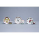 Three various Chinese famille rose and grisaille cups and saucers, Yongzheng/Qianlong