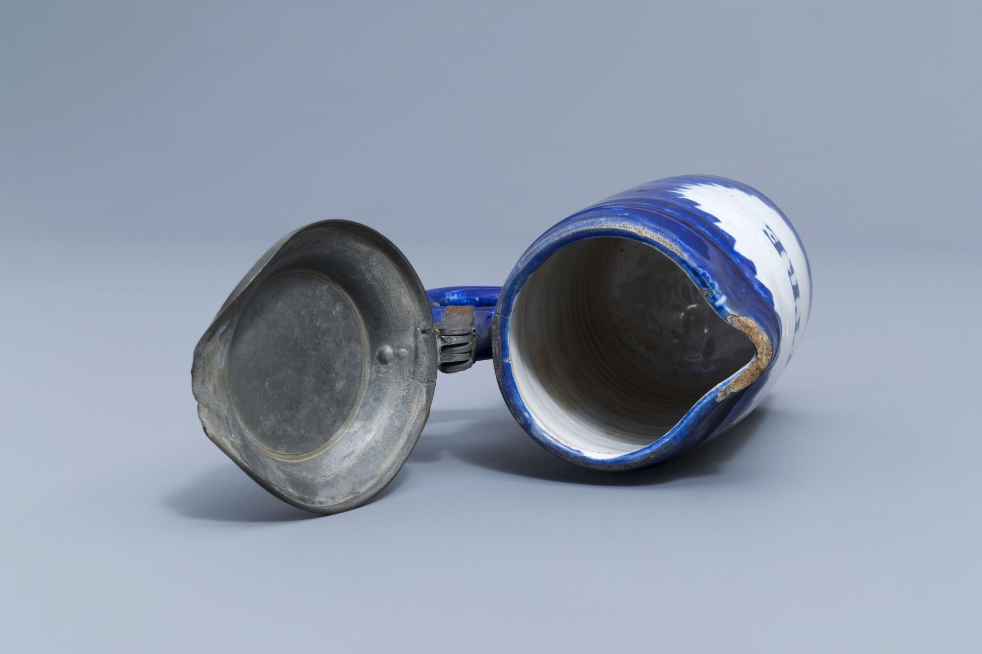 Two blue and white Brussels faience plates and a beer mug, 19th C. - Image 27 of 28