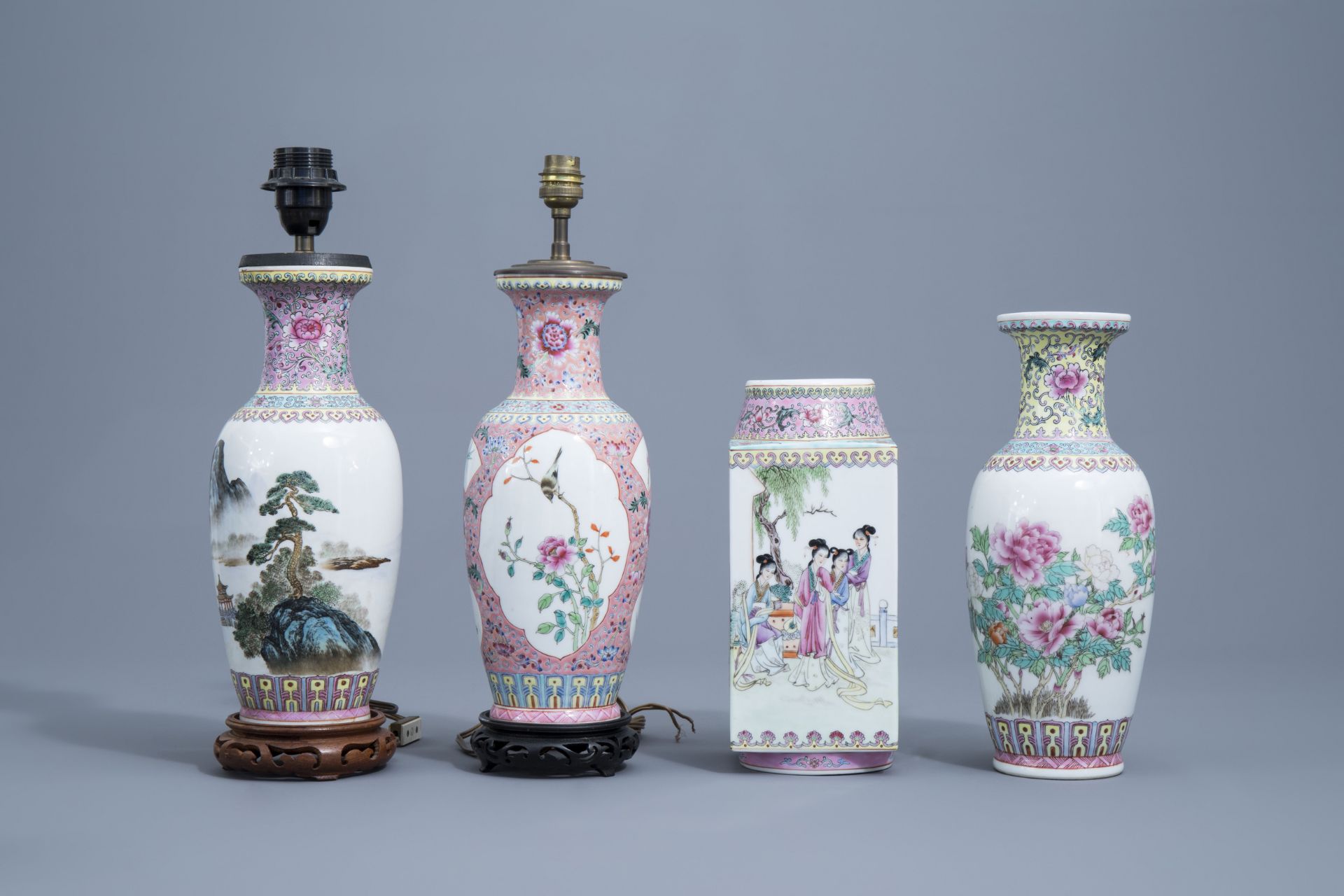 A varied collection of nine Chinese famille rose vases, 20th C. - Image 8 of 20