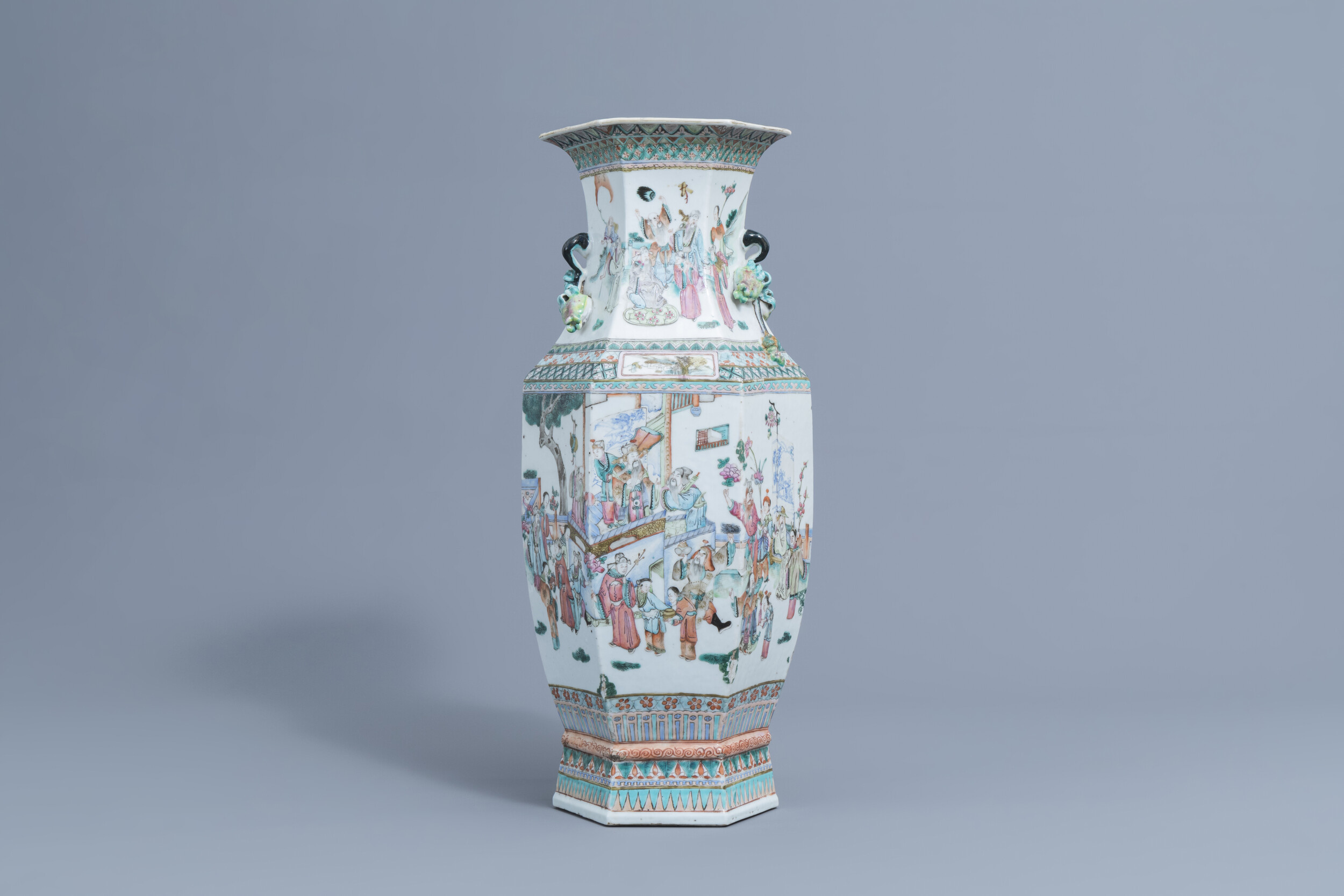 A Chinese hexagonal famille rose vase with figurative design, 19th C.