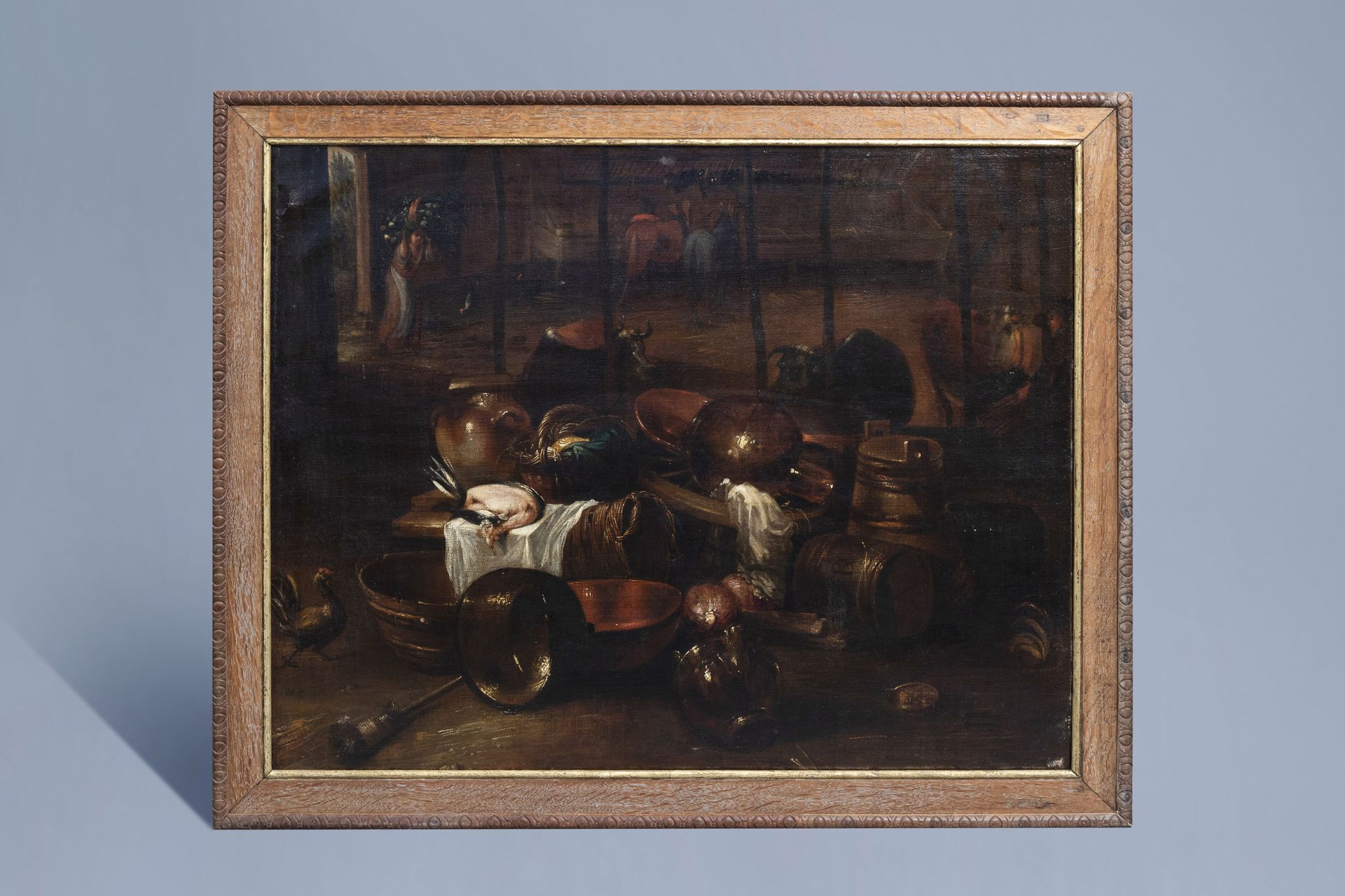 Italian school, monogrammed DR: Barn interior with still life, oil on canvas, ca. 1700 - Image 2 of 5