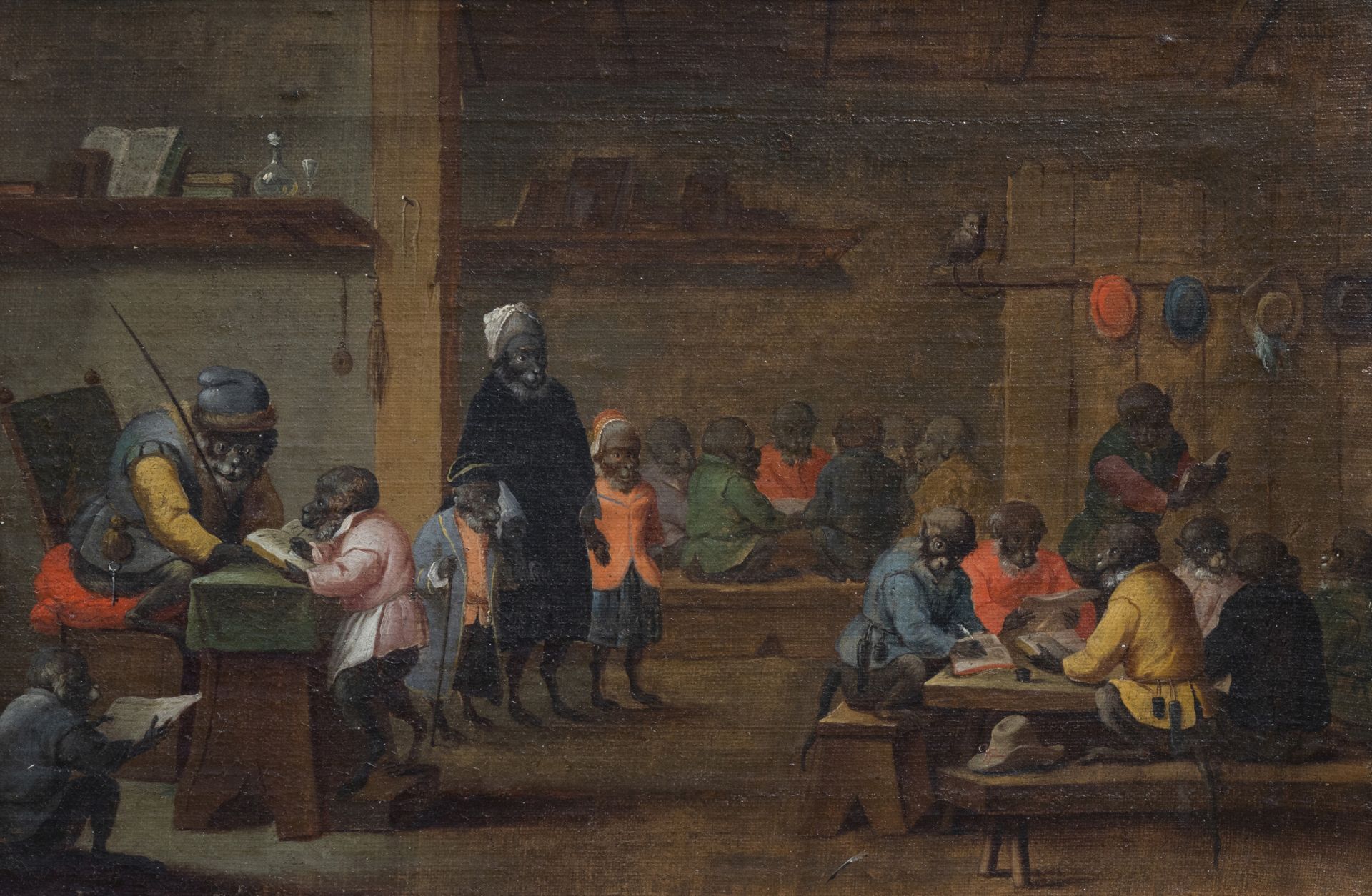 Flemish school: Singerie scene with monkeys, oil on canvas, 17th C.