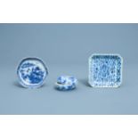 Two Chinese blue and white teapot stands and a box and cover with a bird, Kangxi and later