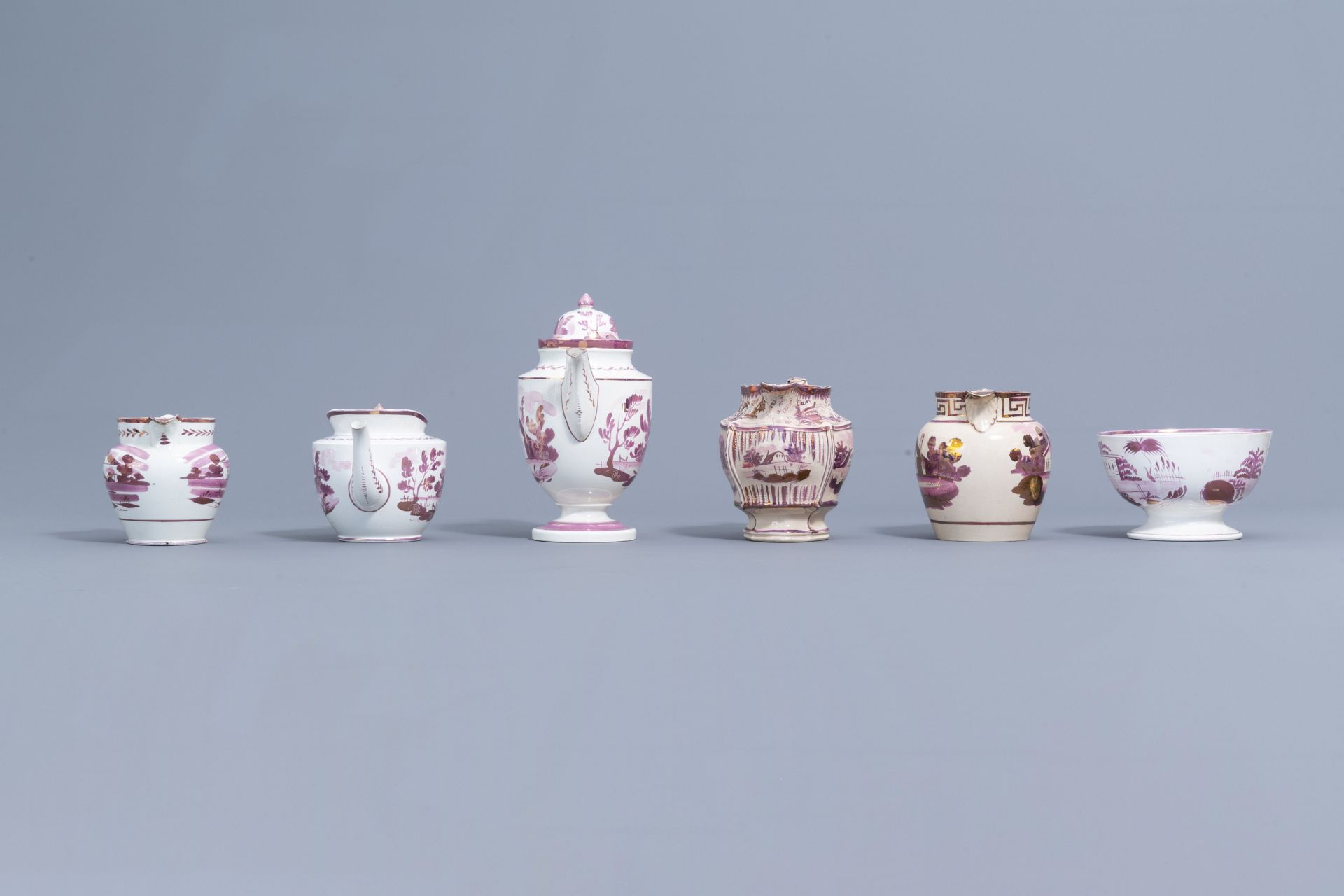 A varied collection of English pink lustreware items with a cottage in a landscape, 19th C. - Image 41 of 50