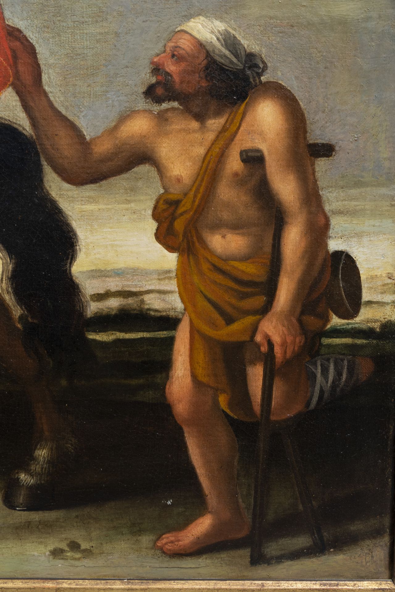 Flemish school: Saint Marten dividing his cloak, oil on canvas, 17th C. - Image 5 of 5