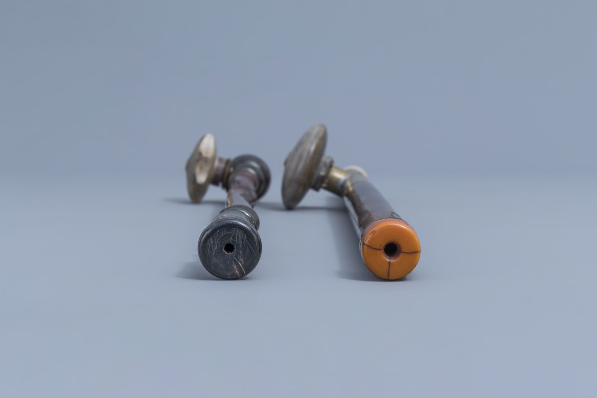 Two Chinese bamboo opium pipes finished with brass, jade, ivory and stoneware, ca. 1900 - Image 7 of 18