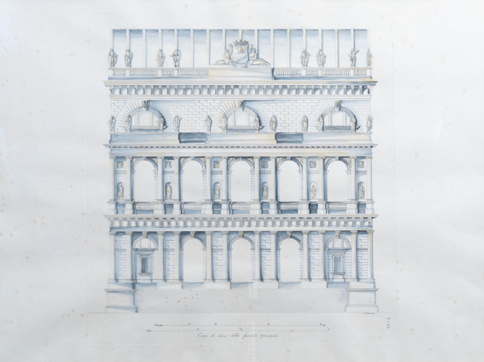 Italian school: An interesting series of four architectural hand-coloured engravings, 19th C. - Image 7 of 14