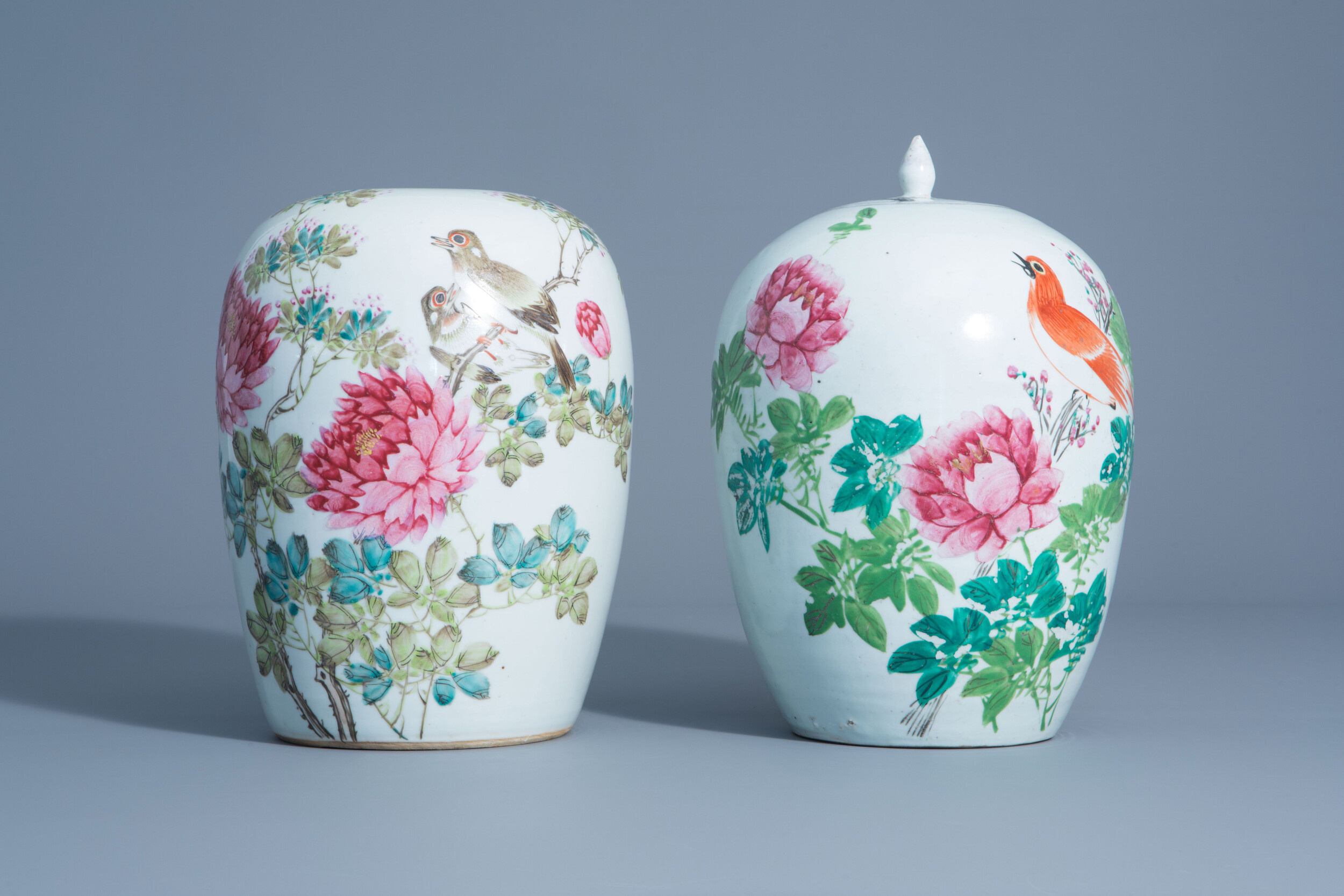 Two Chinese qianjiang cai jars with birds among flower branches, 19th/20th C.