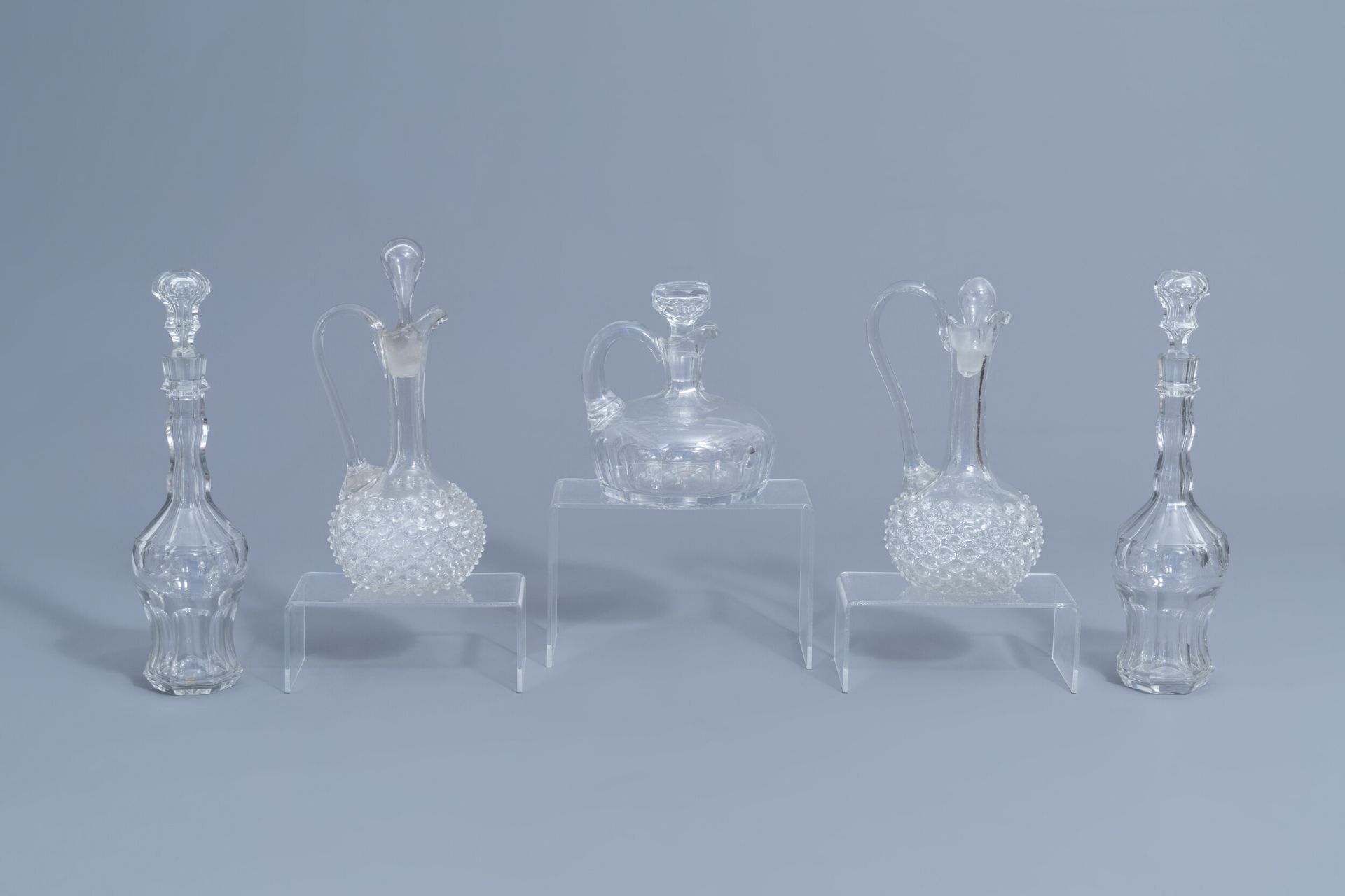 Five glass and crystal carafes, a.o. Verre de Lige, 18th C. and later