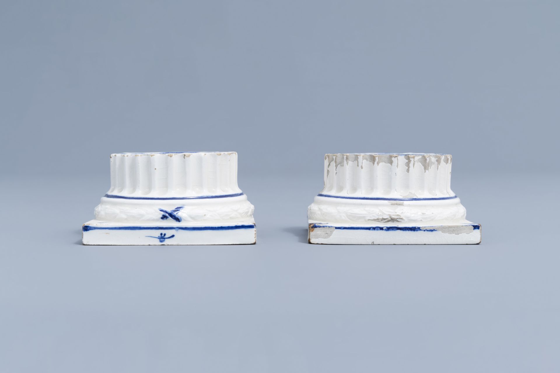 A pair of bue and white faience fine salts and five cream jars, Luxemburg and France, 18th/19th C. - Image 35 of 46