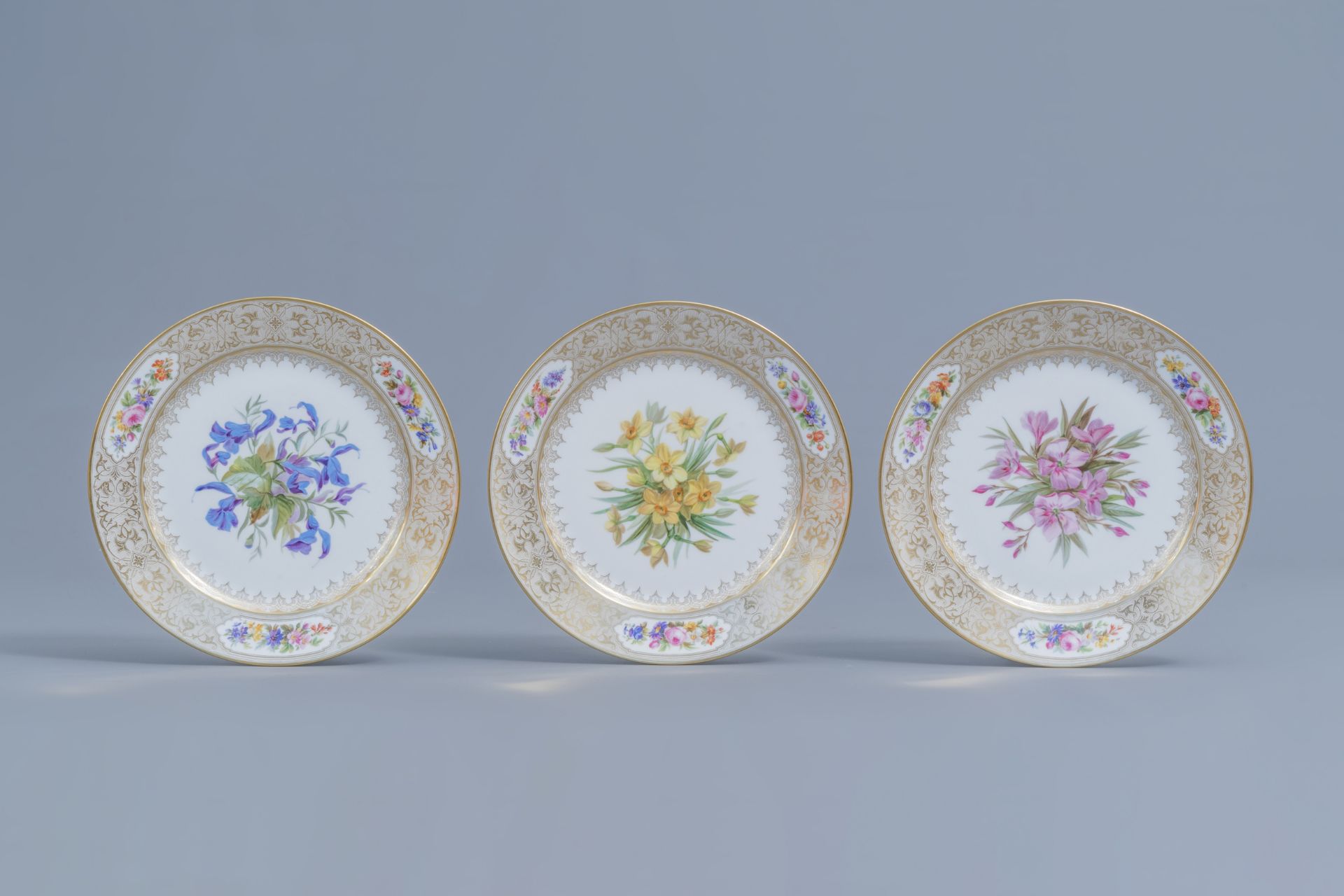 A set of eleven French plates with gilt and polychrome floral design, Svres mark, 19th C. - Image 16 of 22