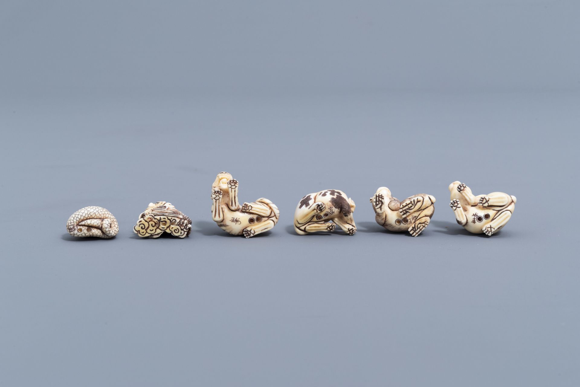 Twelve Japanese animal shaped netsuke in their display cabinet, first half of the 20th C. - Image 8 of 27