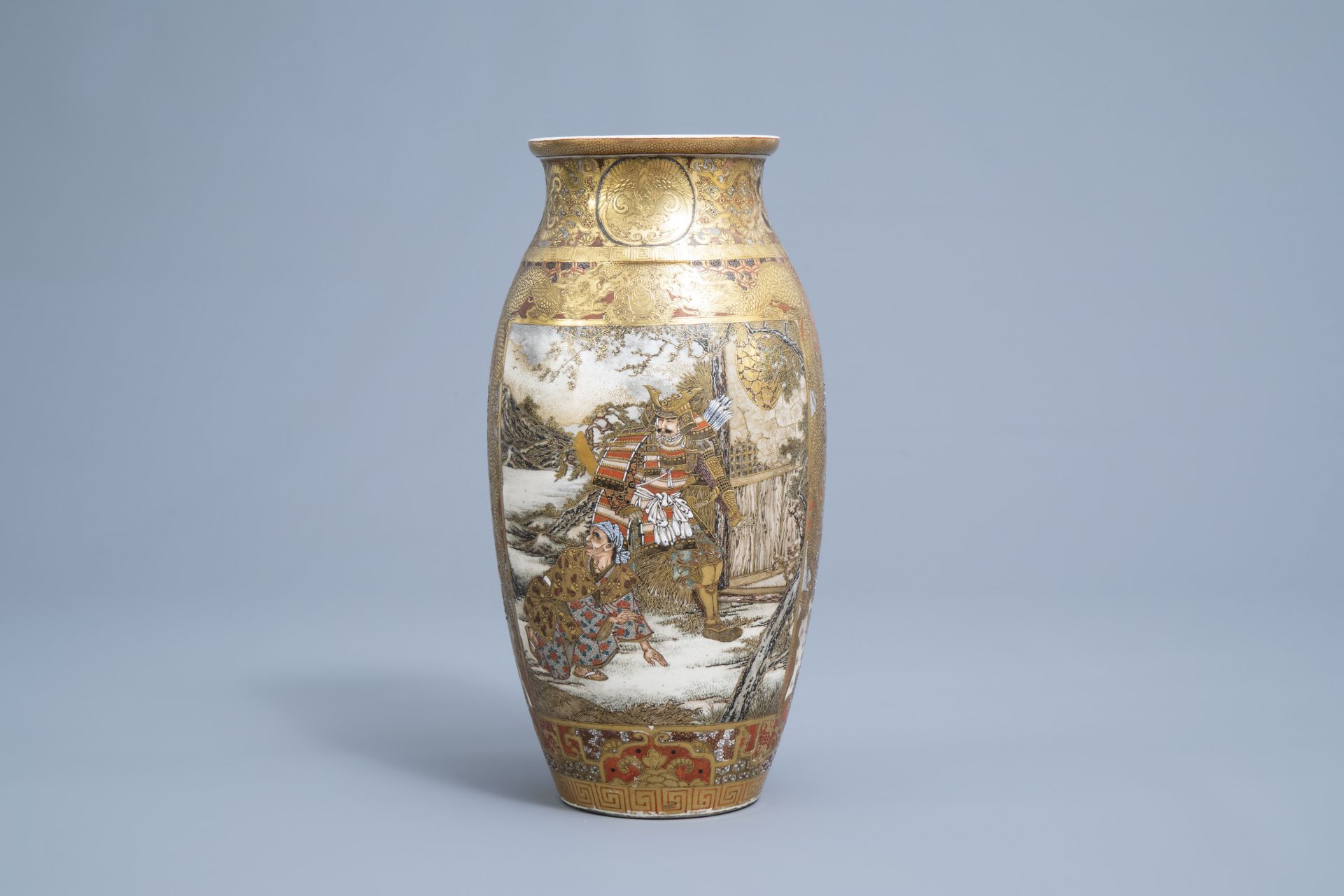 A Japanese Satsuma vase with figures and a samurai in a landscape, Meiji, 19th C. - Image 5 of 7