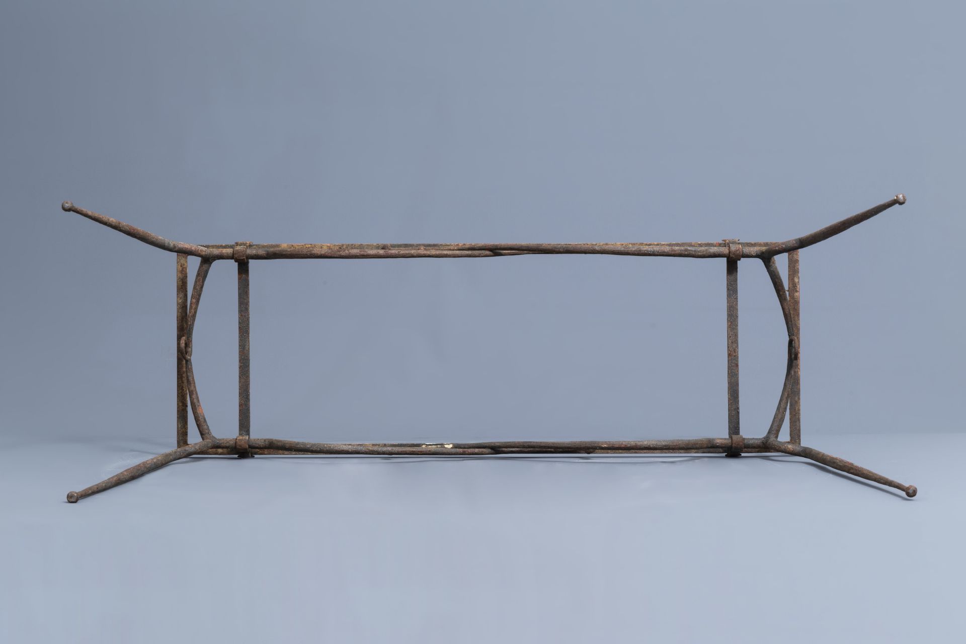 Attr. to RenŽ Prou (1889-1947): A wrought iron console with 'pierre de Bourgogne' top, mid 20th C. - Image 7 of 9