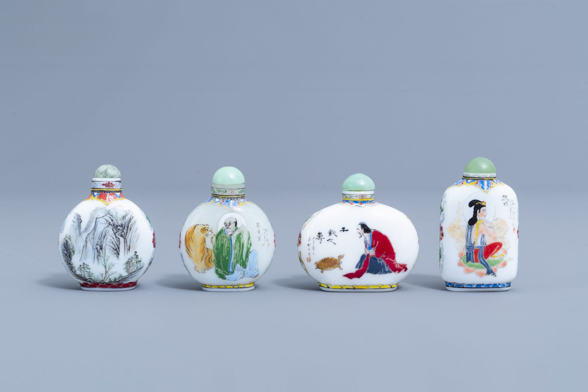 Two Chinese reverse-painted glass snuff bottles and four in enamelled glass, 20th C. - Image 3 of 4