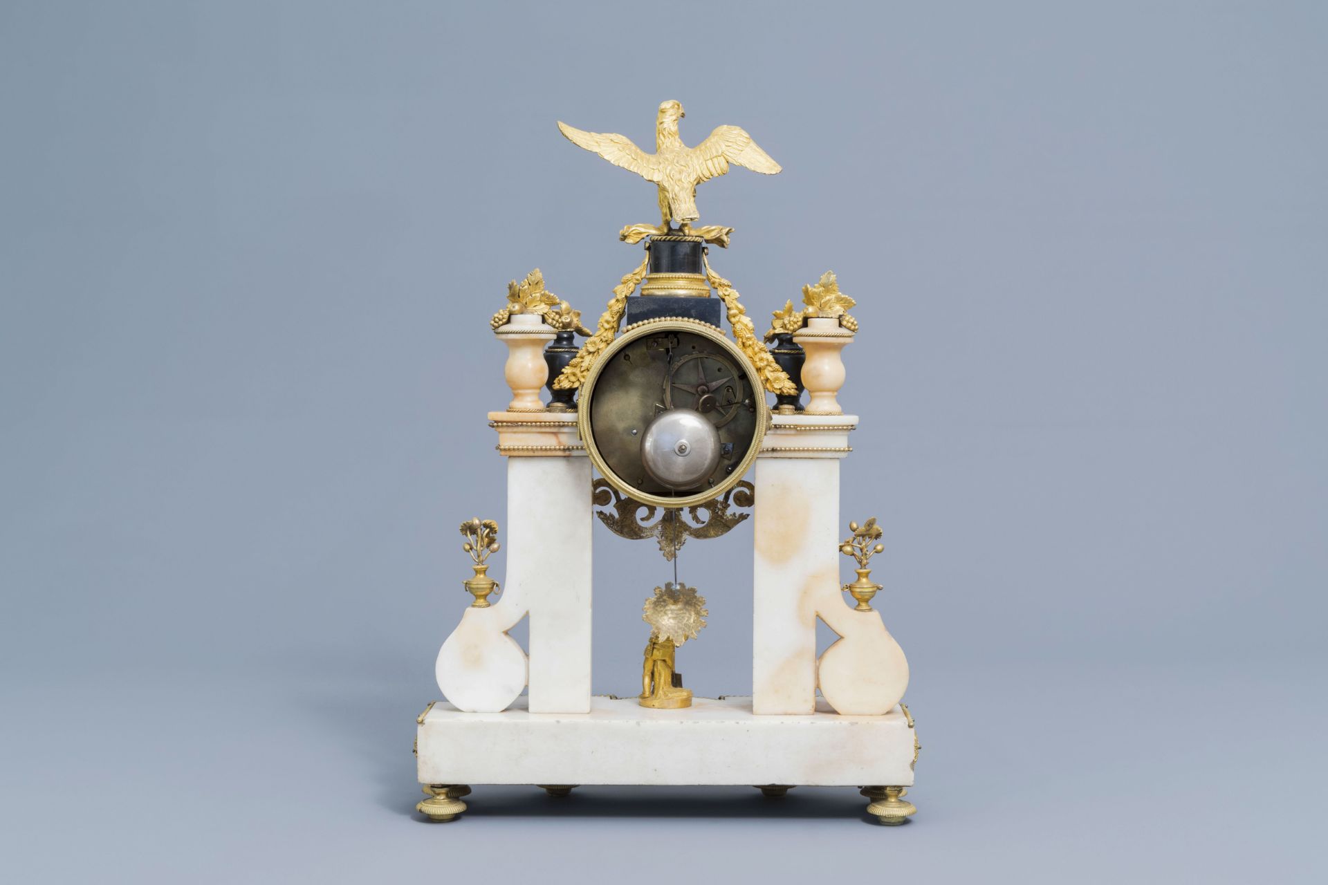 A French Louis XVI gilt bronze mounted white and black marble portico clock with an eagle, ca. 1800 - Image 4 of 13