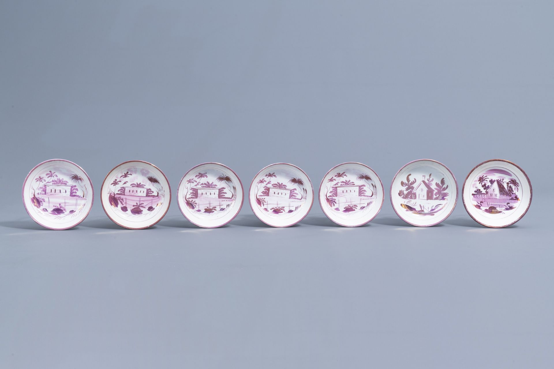 A varied collection of English pink lustreware items with a cottage in a landscape, 19th C. - Image 7 of 50