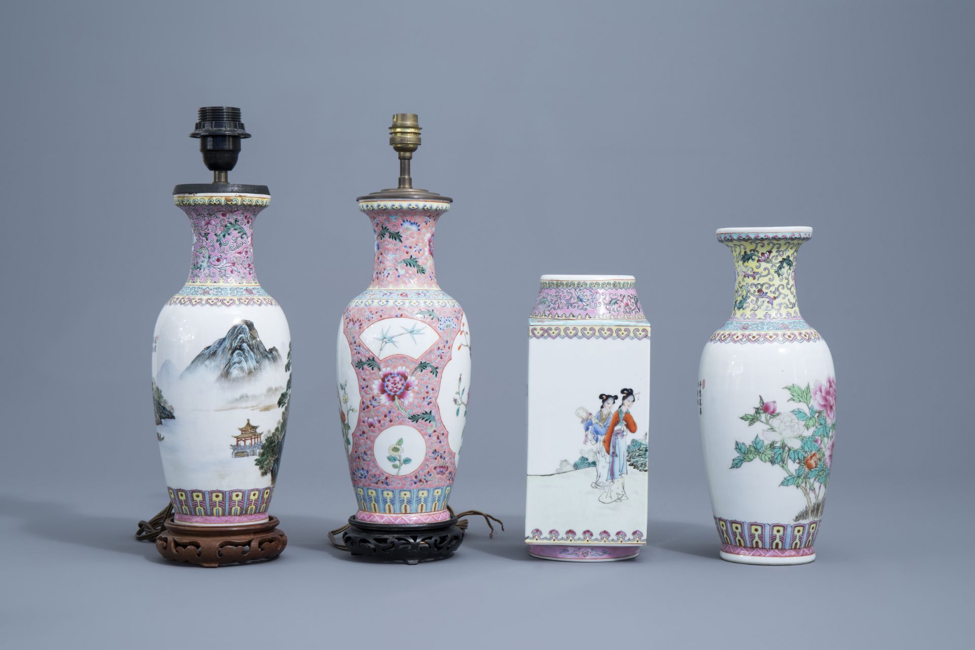 A varied collection of nine Chinese famille rose vases, 20th C. - Image 9 of 20