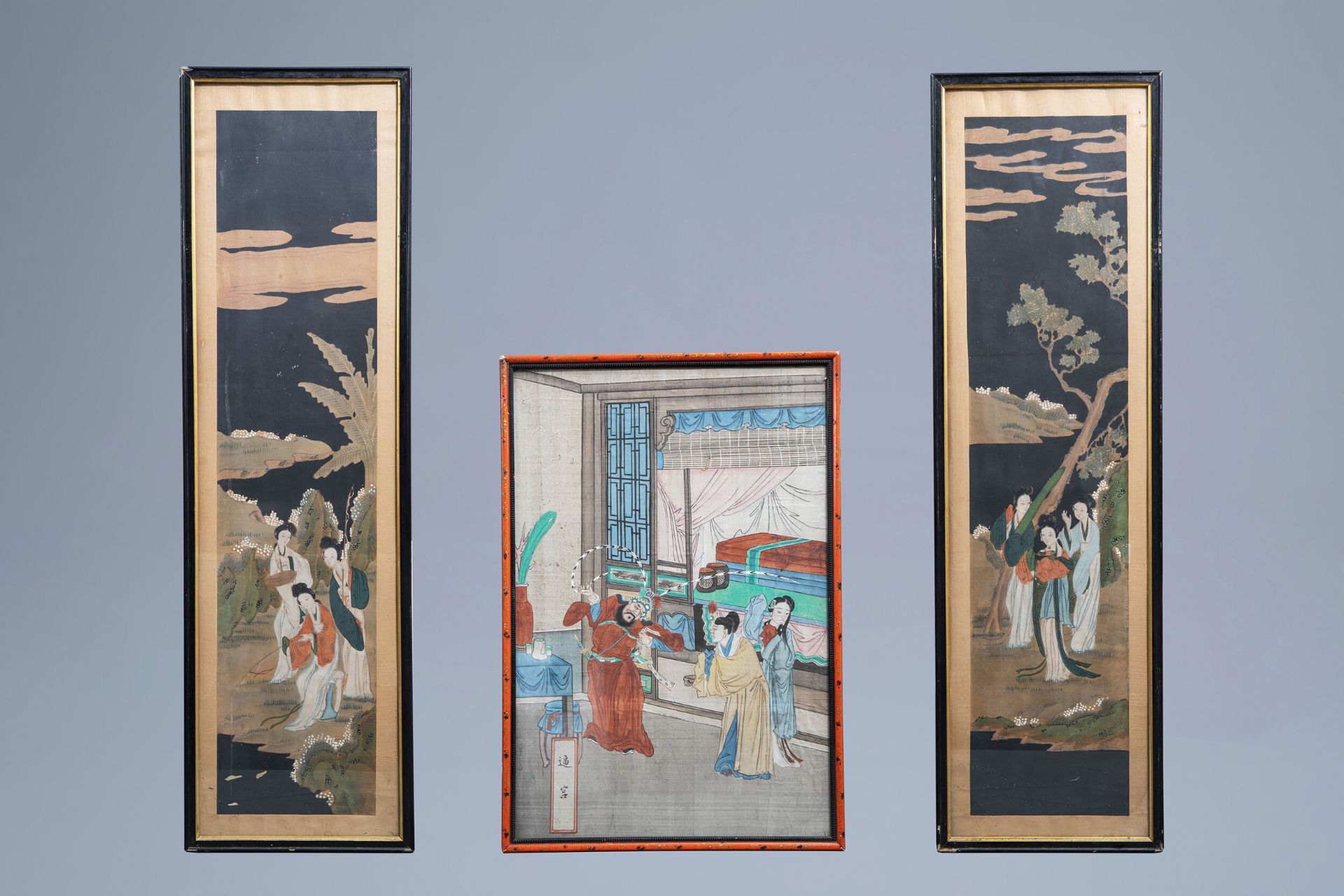 Chinese school, ink and colours on silk, 19th C.: Three mythological scenes