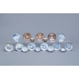 Six Chinese famille rose and blue and white Batavian ware cups and eleven saucers, Kangxi/Qianlong