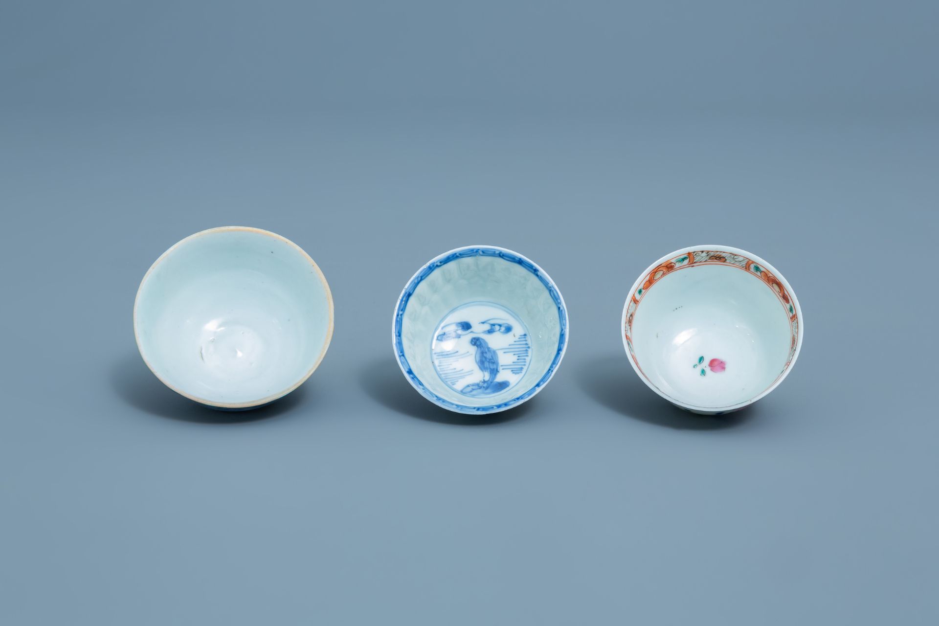 Three Chinese blue, white and famille rose cups and three saucers, Kangxi and later - Image 15 of 18