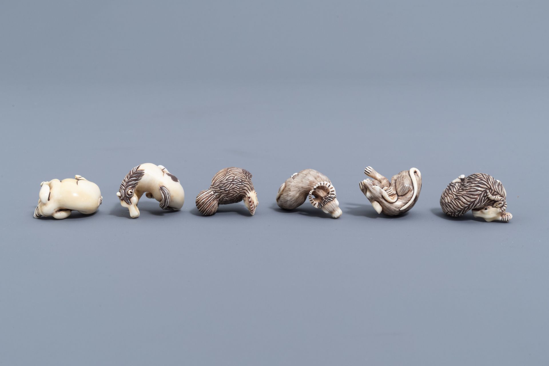 Twelve Japanese animal shaped netsuke in their display cabinet, first half of the 20th C. - Image 19 of 27