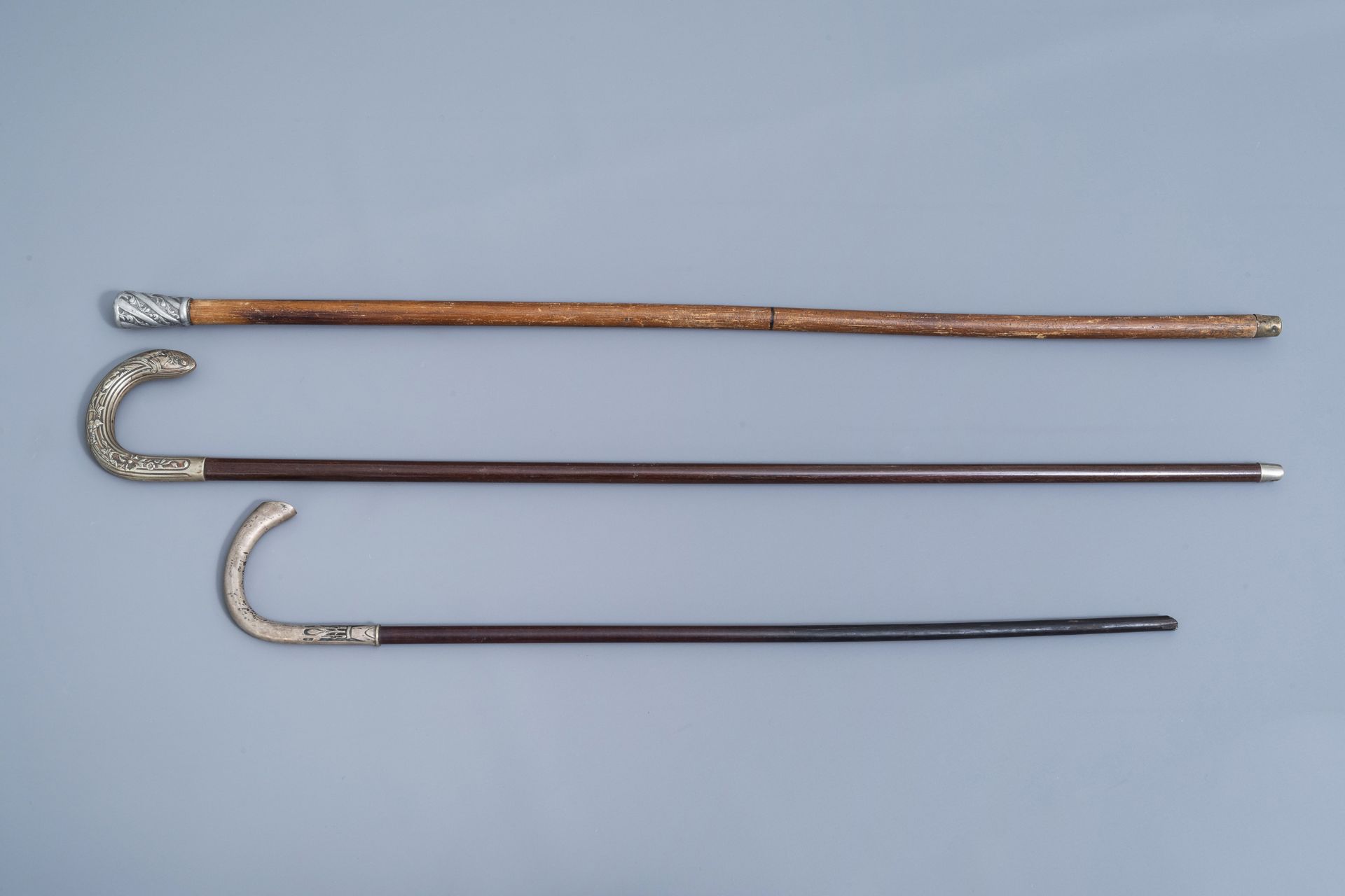 A varied collection of seven walking sticks with accompanying stand, 20th C. - Image 6 of 21