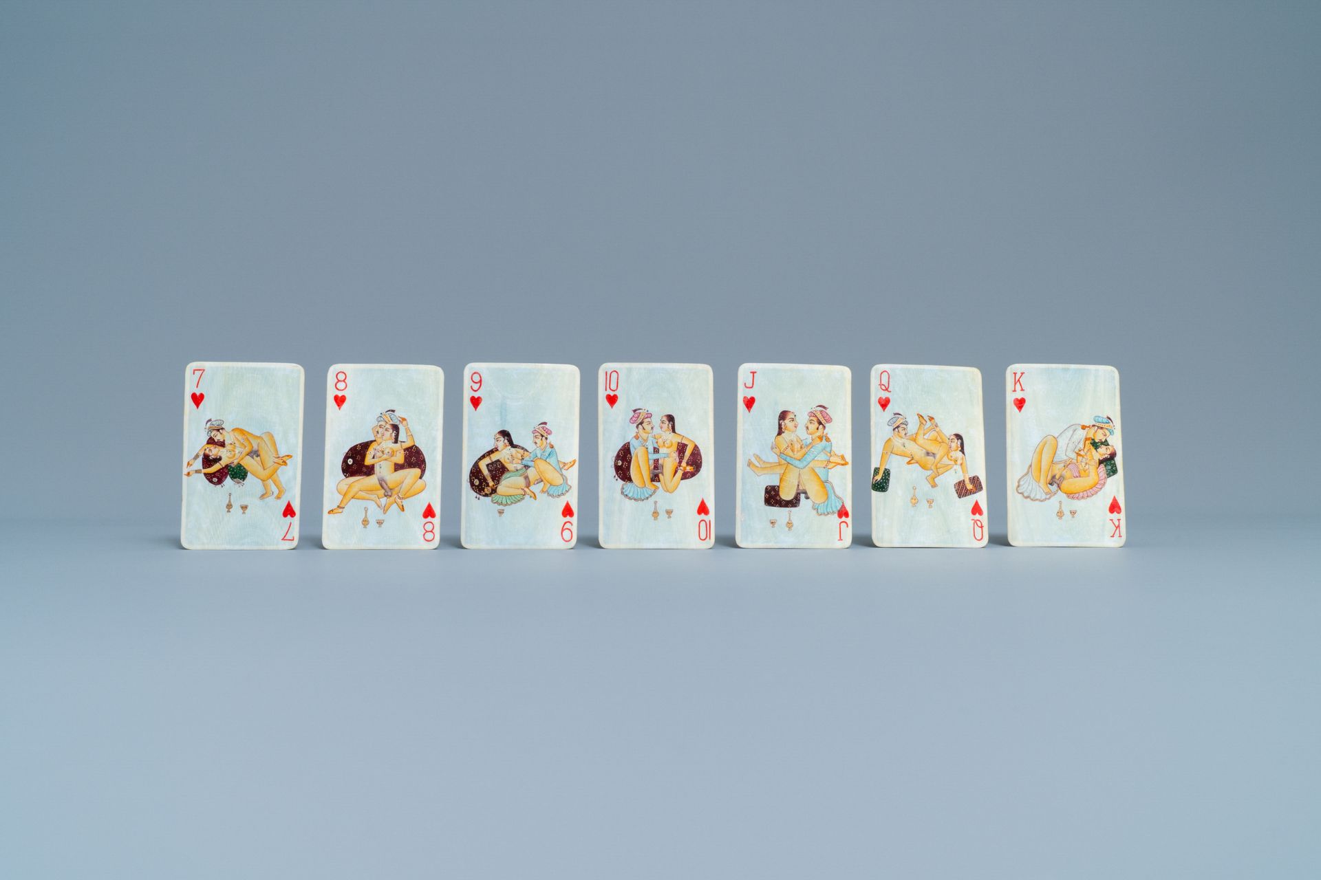 A complete playing cards set with erotic miniatures on ivory, India, early 20th C. - Image 8 of 17