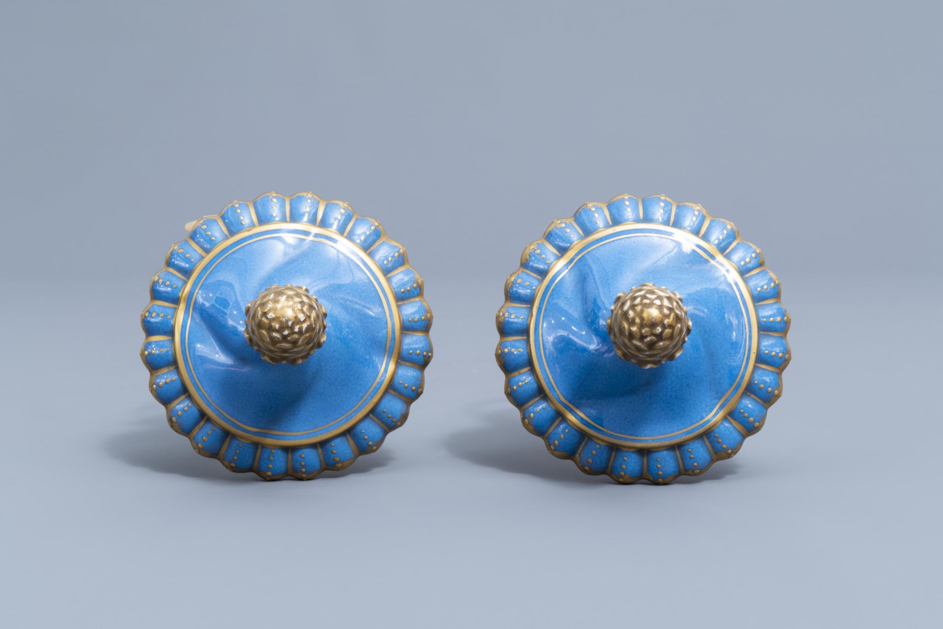 A pair of French 'bleu celeste' Svres manner vases and an Empire style centrepiece, 19th/20th C. - Image 25 of 28