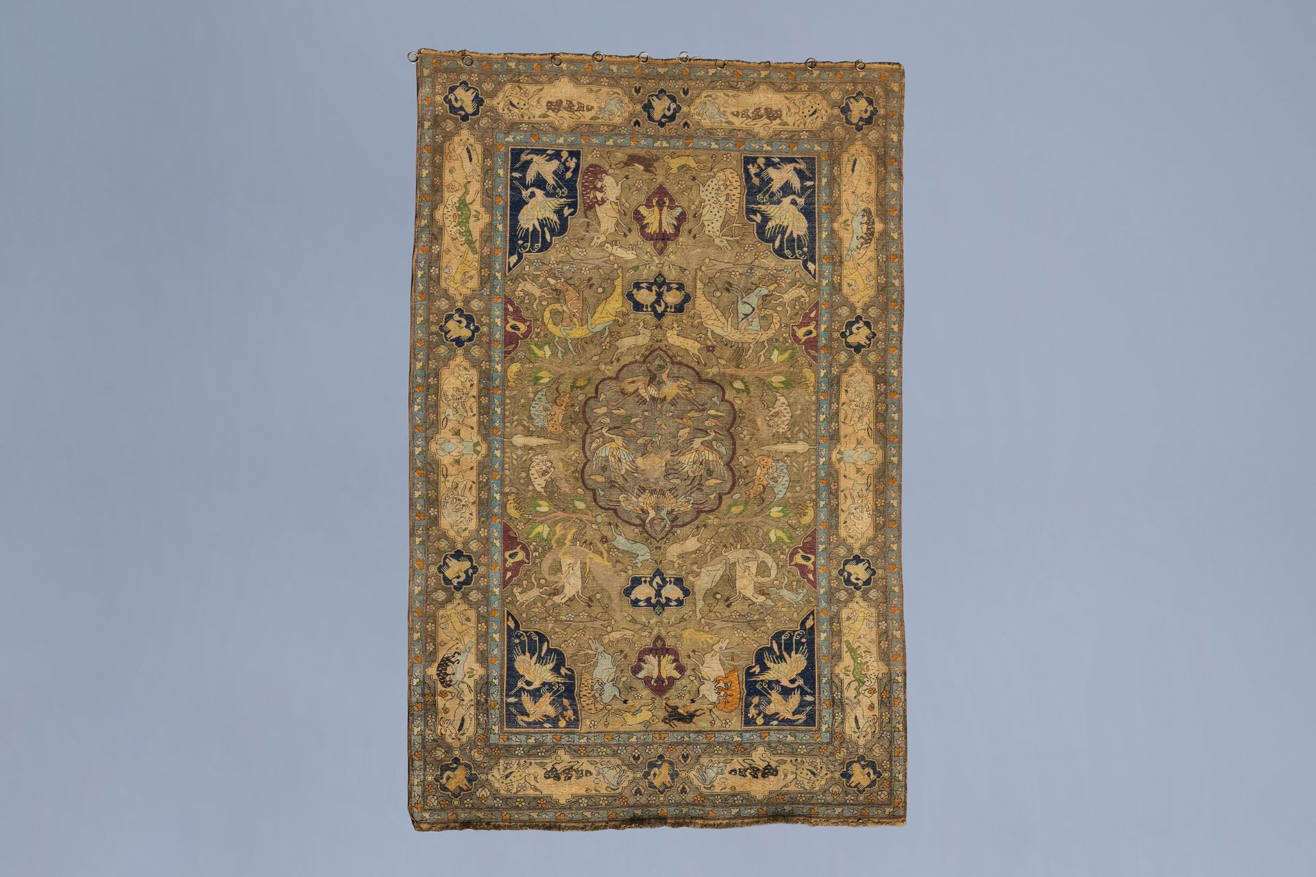 A lavish Oriental rug with animals and floral design, silk and gold thread on cotton, 19th C. - Image 3 of 4