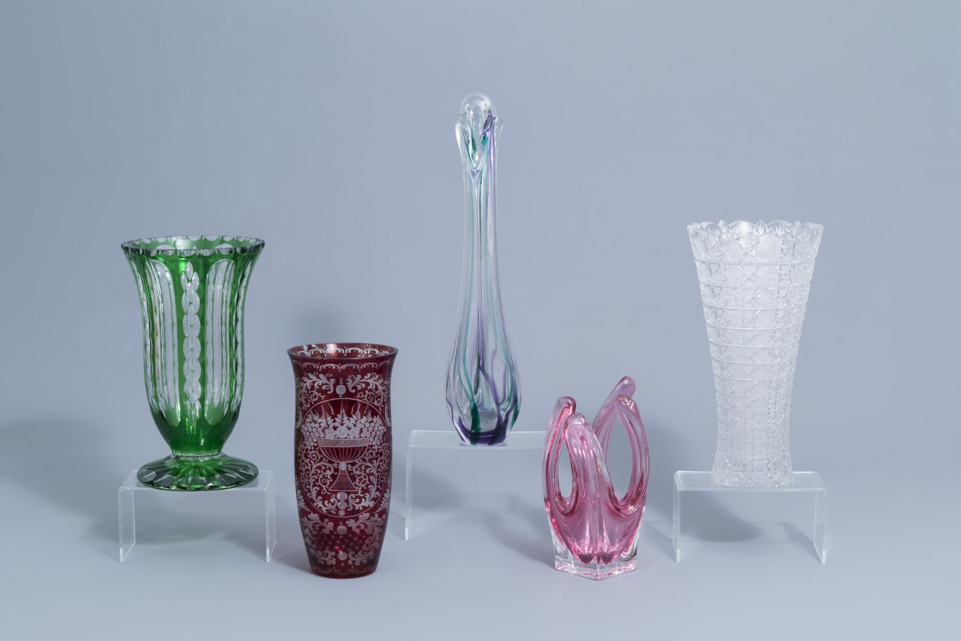 Five overlay crystal cut and glass vases, a.o. Val Saint Lambert and Maastricht, 20th C.