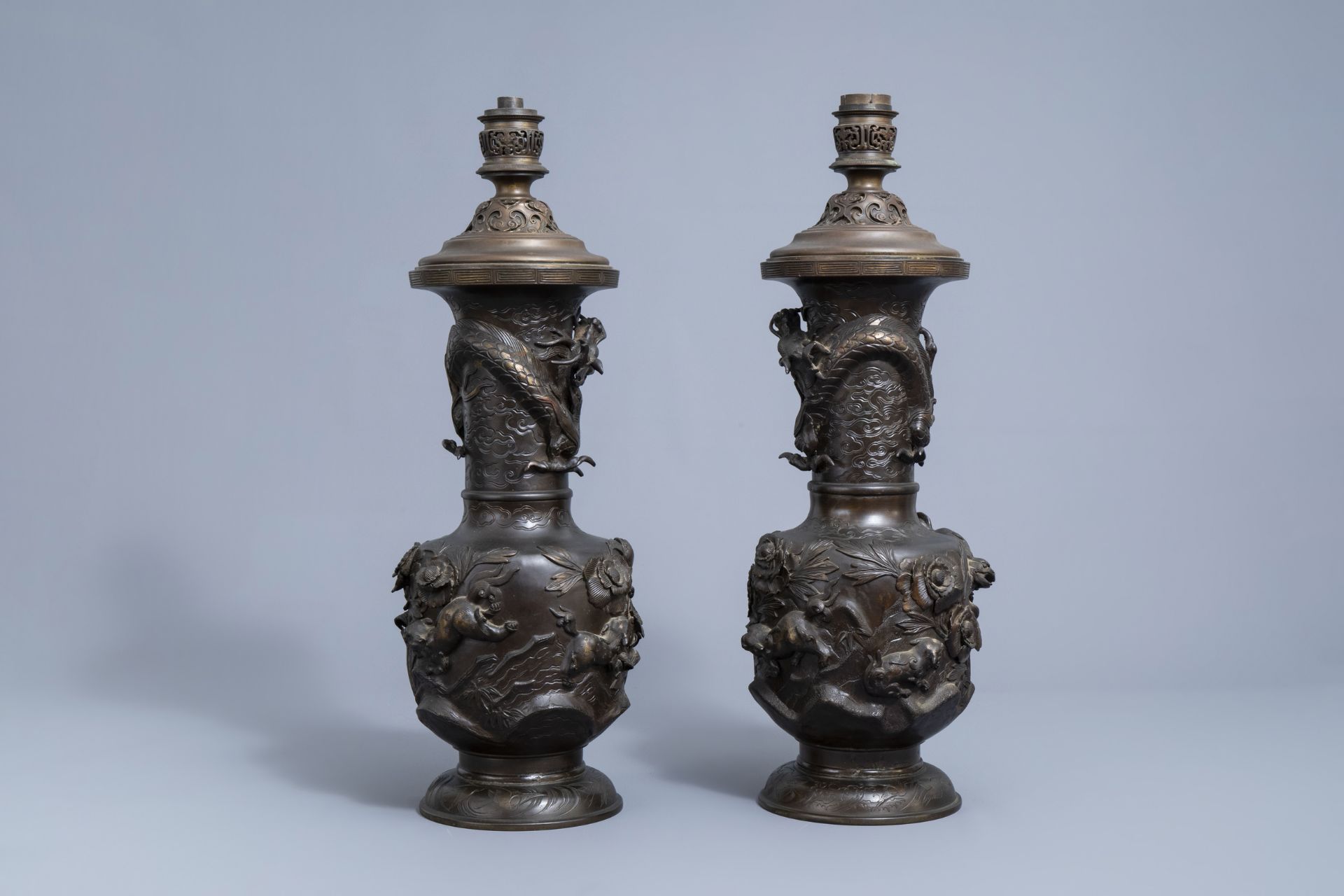 A pair of impressive Japanese partly gilt bronze vases with Gagneau mounts, Meiji, 19th C. - Image 4 of 40