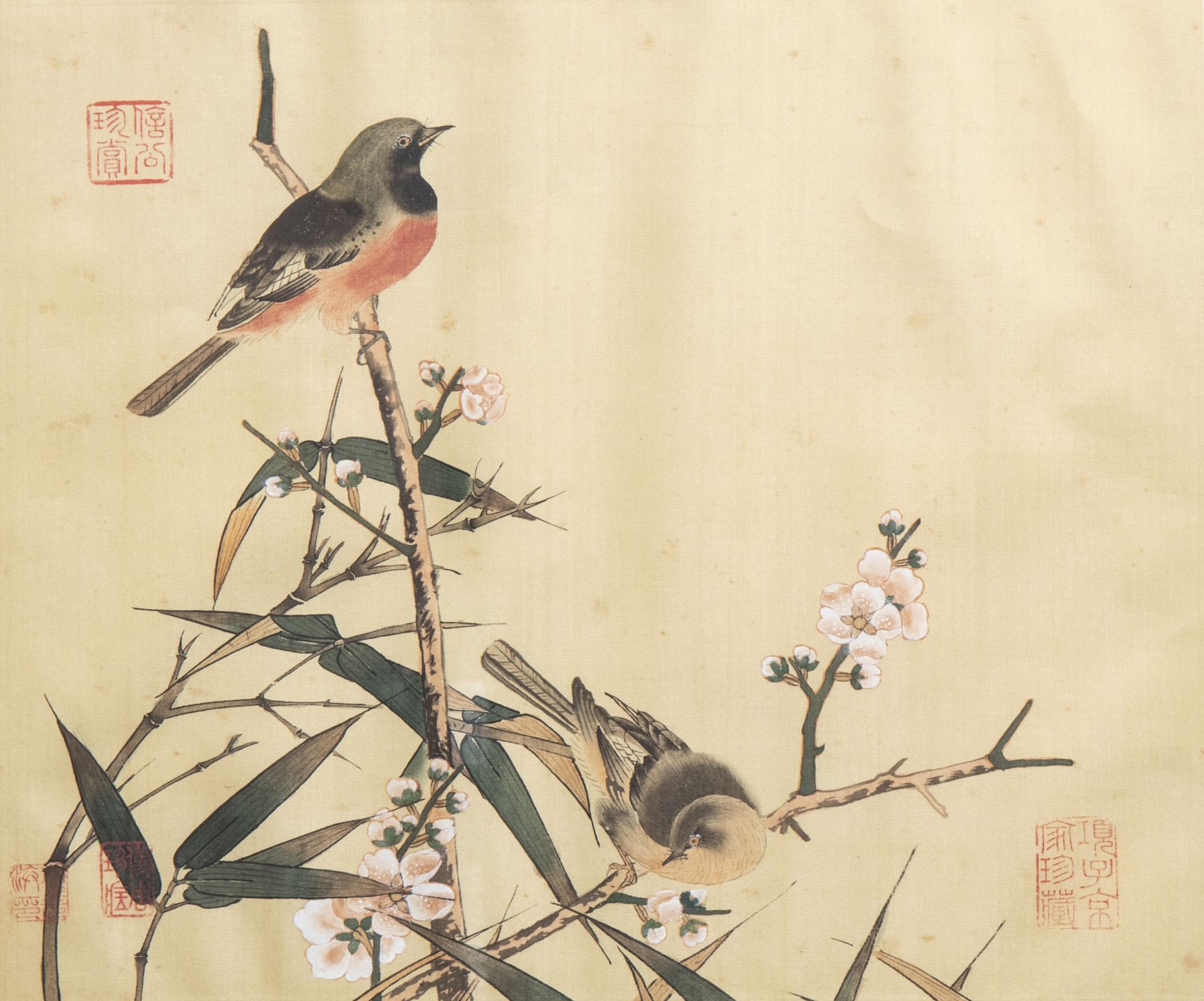 Chinese school, ink and colours on silk, 19th/20th C.: Ten paintings of birds between blossoms - Image 16 of 62