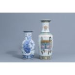 A Chinese famille rose vase with antiquities and a blue and white 'Buddhist lions' vase, 19th C.