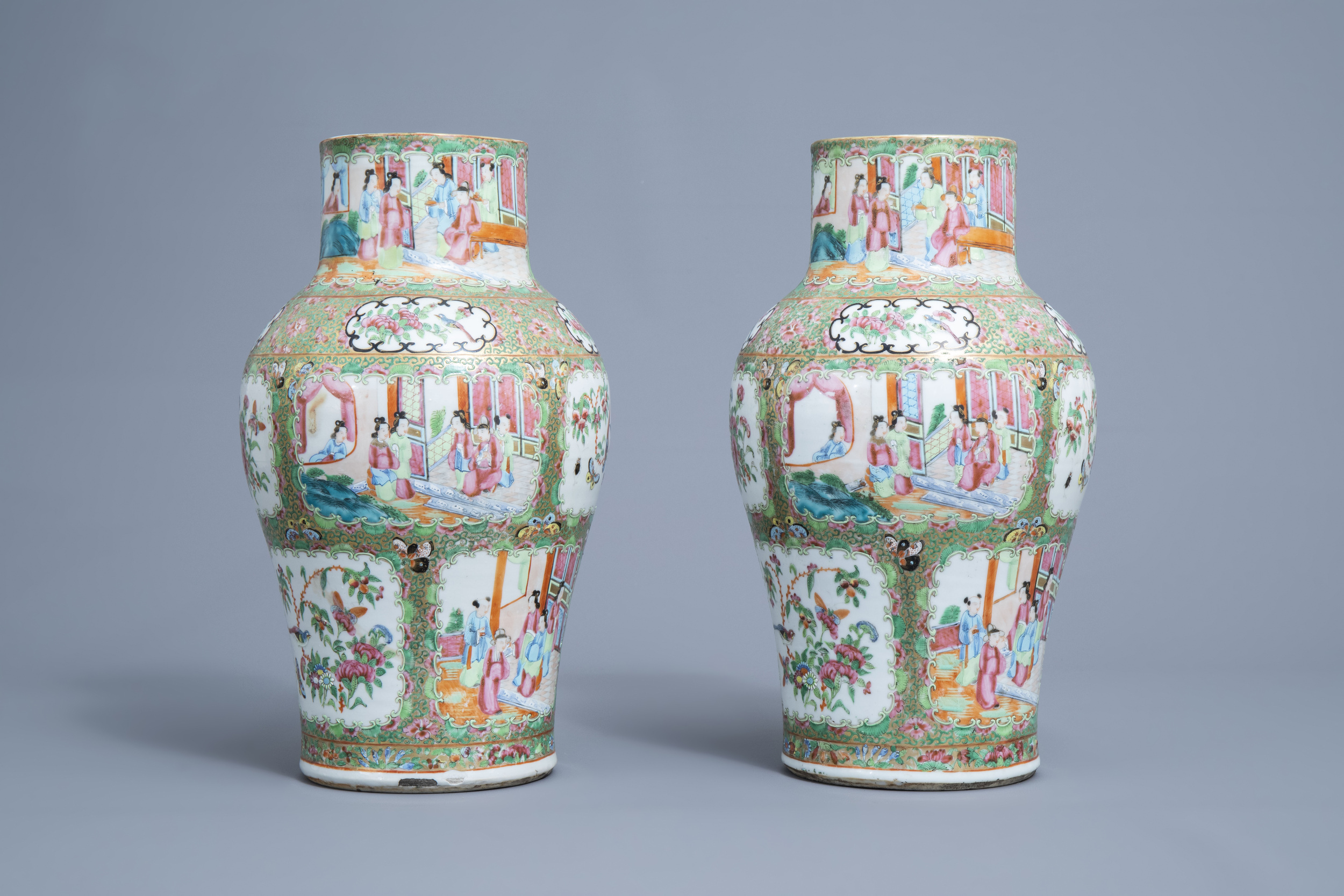 A pair of Chinese Canton famille rose vases and covers, 19th C. - Image 5 of 14