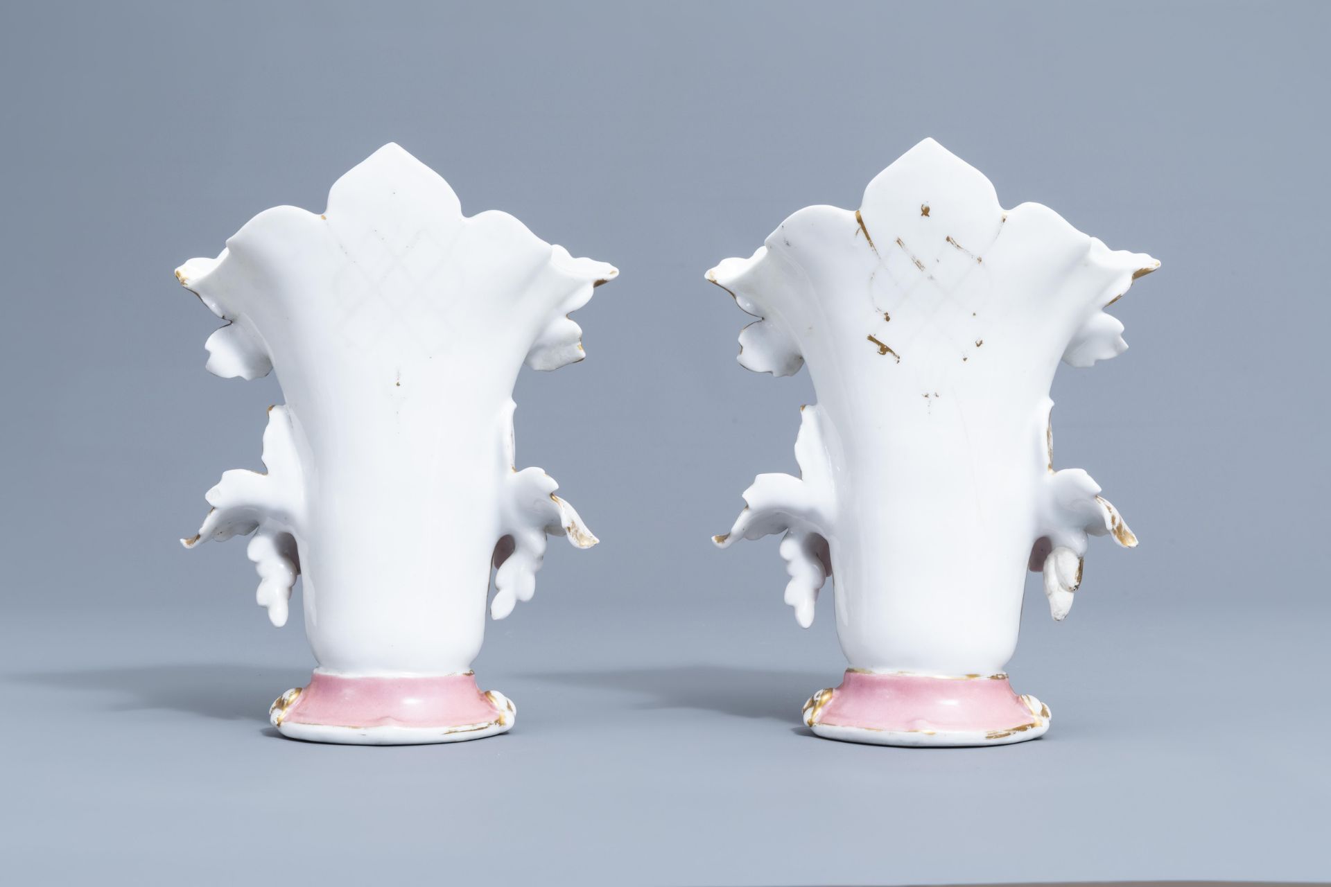 Two pairs of gilt and polychrome Paris porcelain vases and a 'chinoiserie' vase, 19th C. - Image 42 of 48